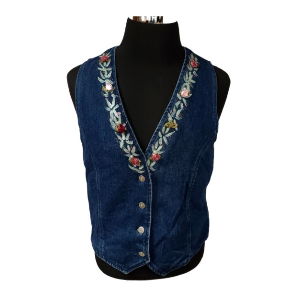Vtg Apache Womens Large Cotton Denim Made in USA Boho Embellished Floral Vest